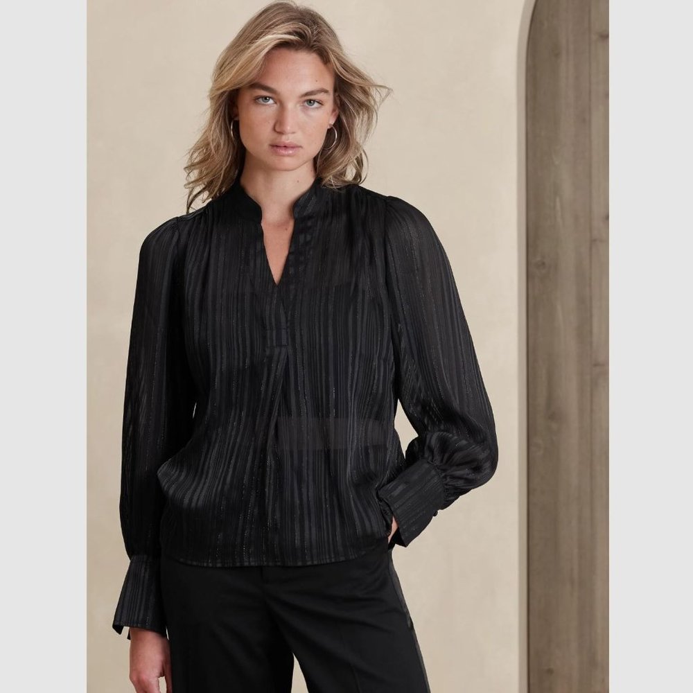 Banana Republic Lurex Volume-Sleeve Blouse Black Sz Small & Medium Sheer Stripe